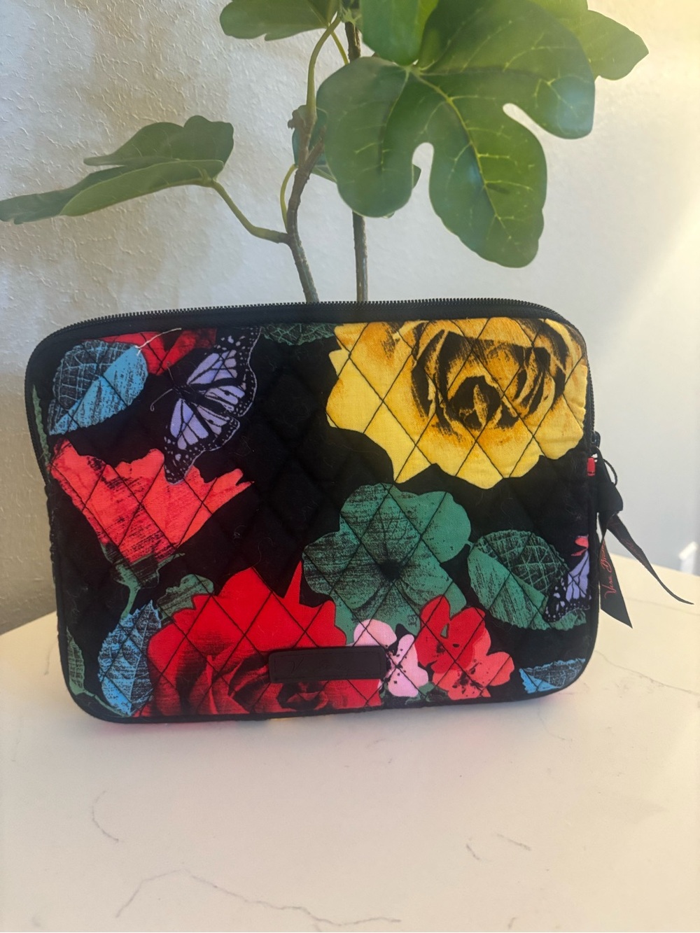 Quilted Floral Zipper Pouch - Black with Multicolor Blooms